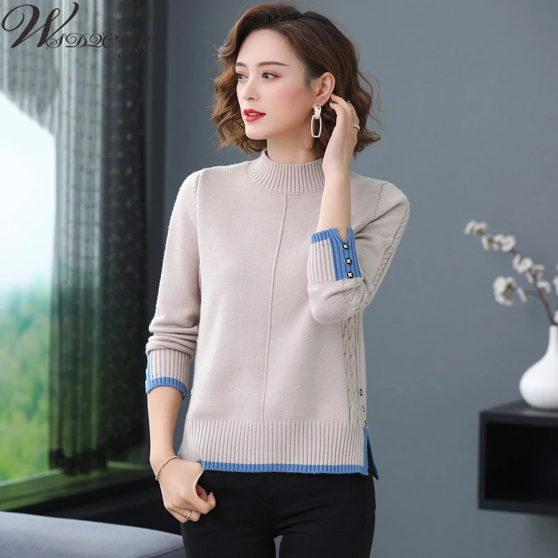 

Autumn Winter Sweater Women Casual Button Patchwork Knitted Pullover Oversized Loose Bottoming Knitwear Top Large Size Sweater