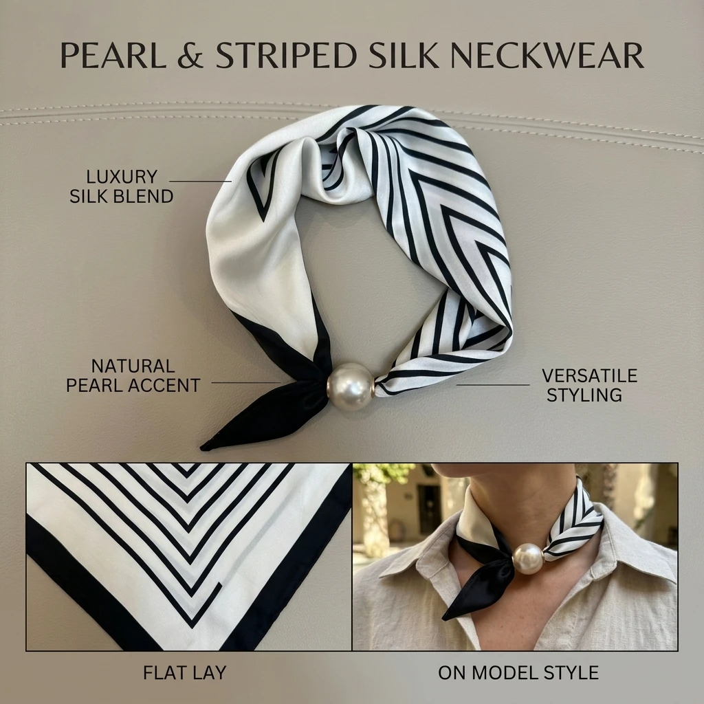 Pearl Silk Scarves For Women Ties Magnetic Clasp French Retro Silk Feel Neck Bows Jewelry Elegant Adjustable Summer bech scarves - 4