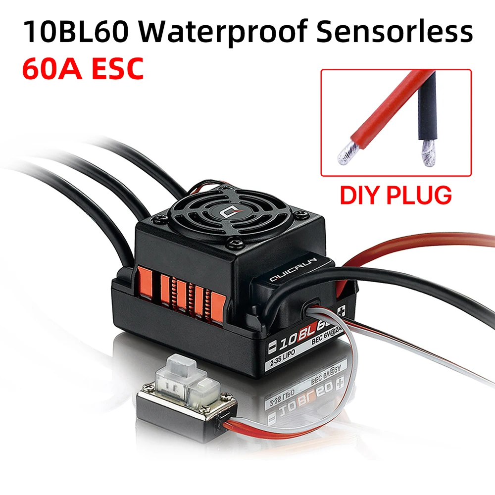 Détail des connecteurs et câbles de l'ESC Brushless 60A Hobbywing RC étanche pour voiture buggy crawler.