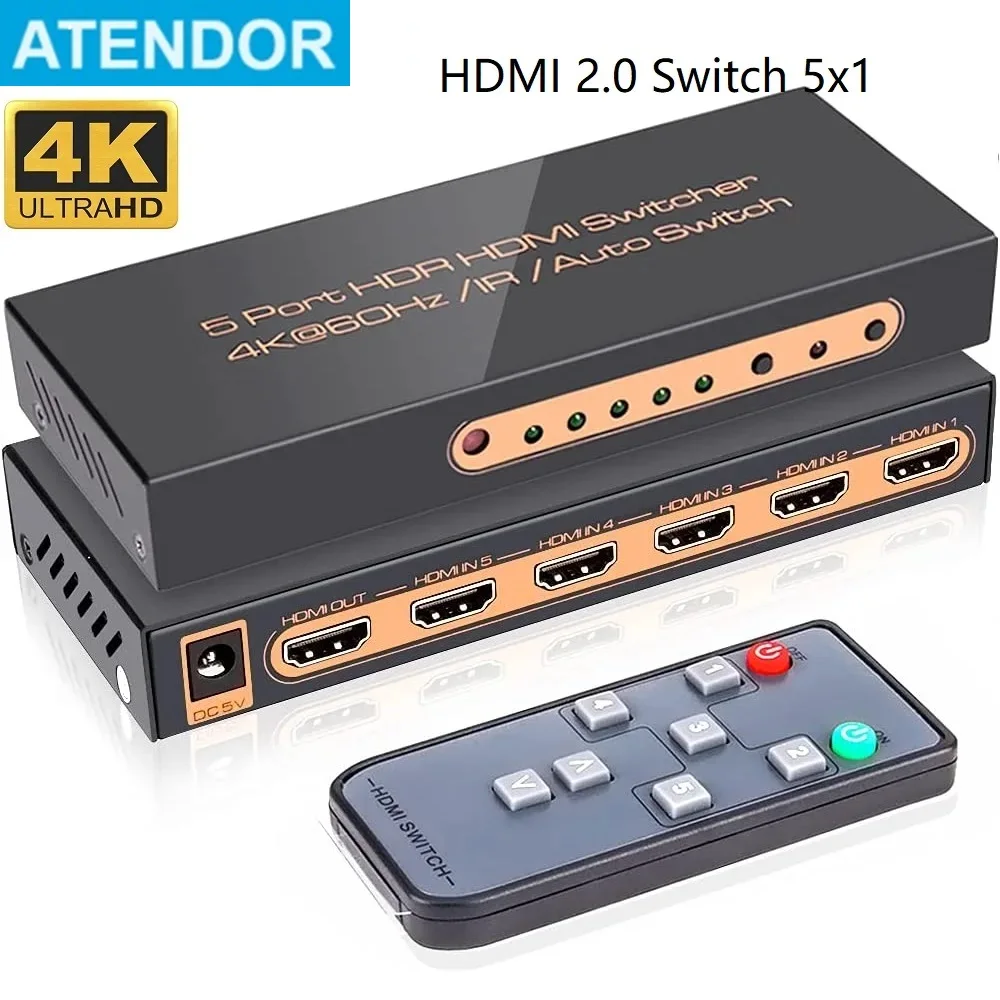 

HDMI2.0 Switcher 5 In 1 Out Selector UHD HDR10+ 4K60Hz Splitter 5 Port 4K Remote IR Control 18Gbps 1080P 3D HDCP2.2 Auto Switch