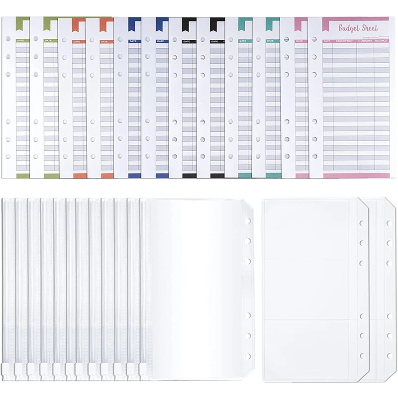 

A6 Budget Organizer Binder Cash Envelope,60Pcs Expense Tracker Budget Sheets 6Pcs Zipper Cash Pouch 4Pcs Card Sleeve