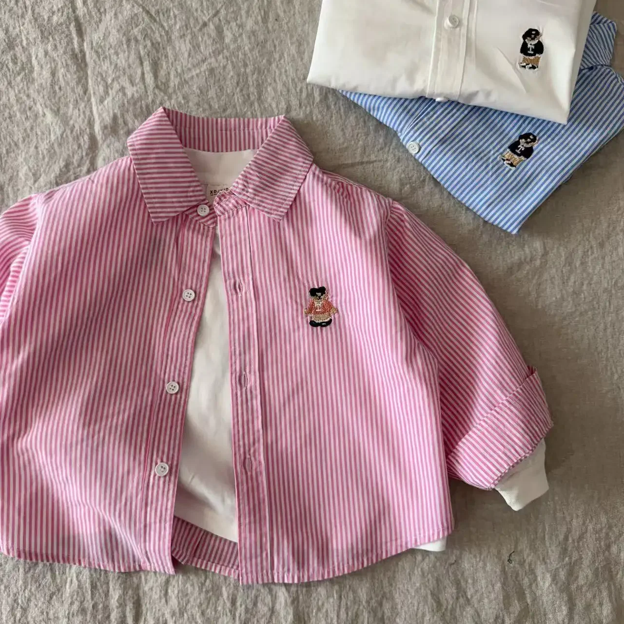 Children's Striped Bear Embroidery Shirt kids shirts Spring Summer for Boys Girls