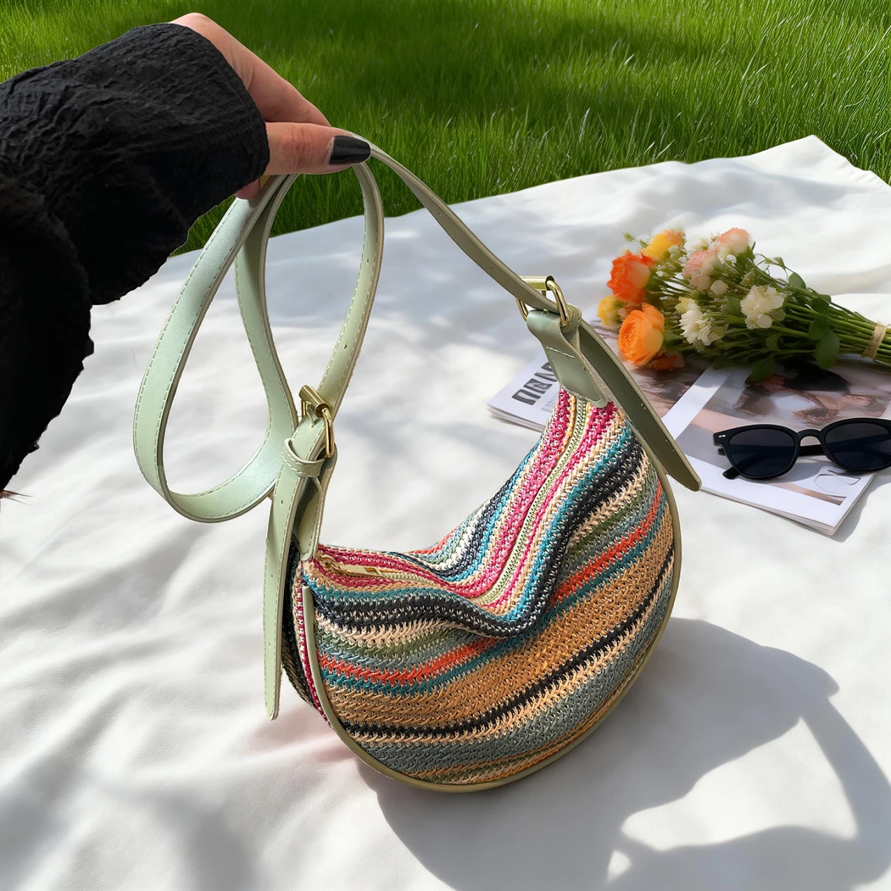 Borsa Hobo Bohemien da Donna a Righe Intrecciate, Borsa a Tracolla Multifunzione con Tracolla Regolabile per Vacanze e Uso Quotidiano