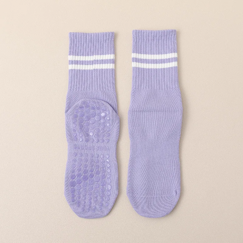 New Cotton Breathable Mid-calf Yoga Socks Solid Color Striped Anti-slip Sports Socks Pilates Dance Fitness Training