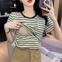 Maternity Nursing Tops Breastfeeding Top Striped Cotton T Shirt for Pregnant Women Summer Tees Short Sleeve Pregnancy T-shirt 1