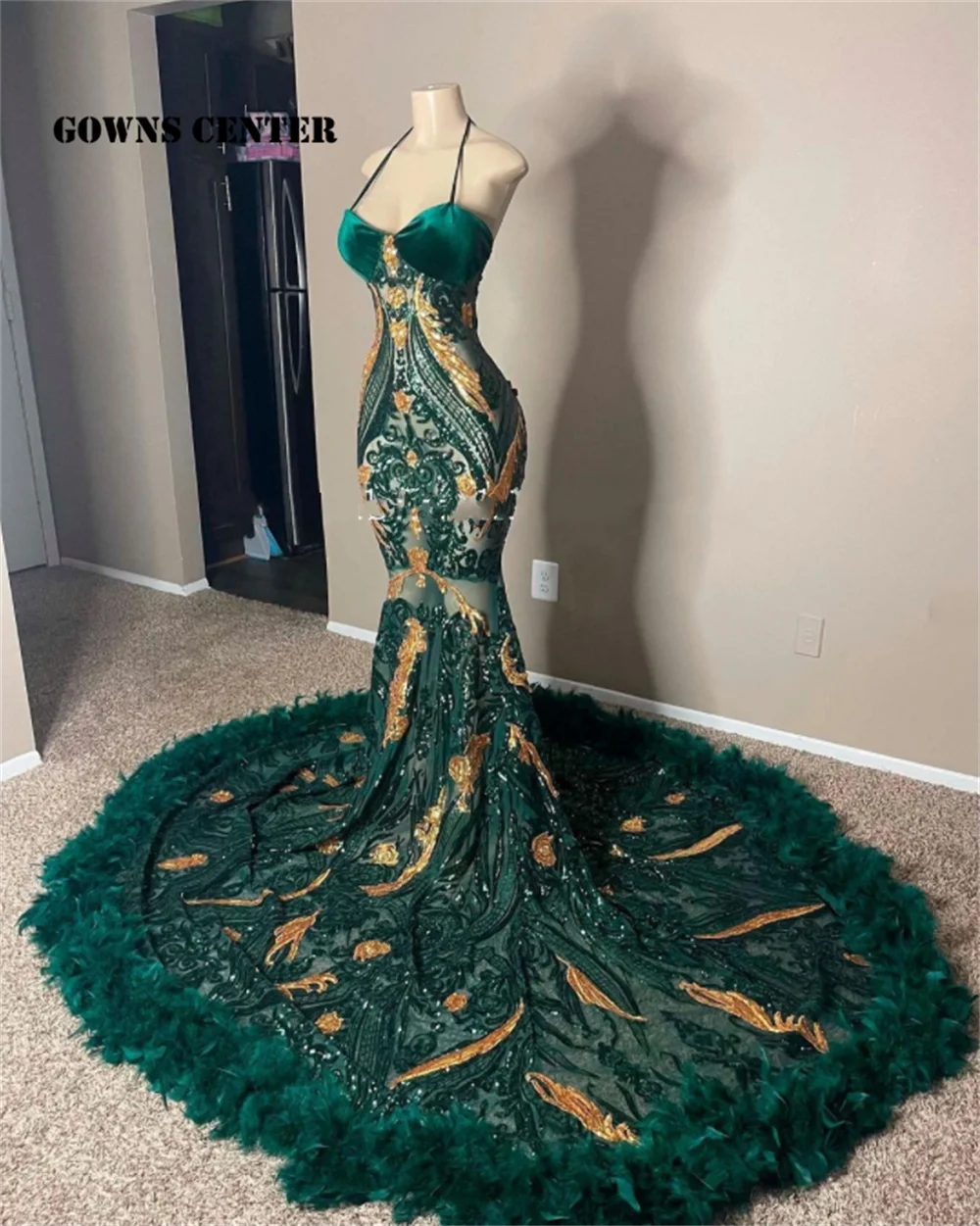 Dark Green And Gold Sequined Lace Feathers Prom Dresses Black