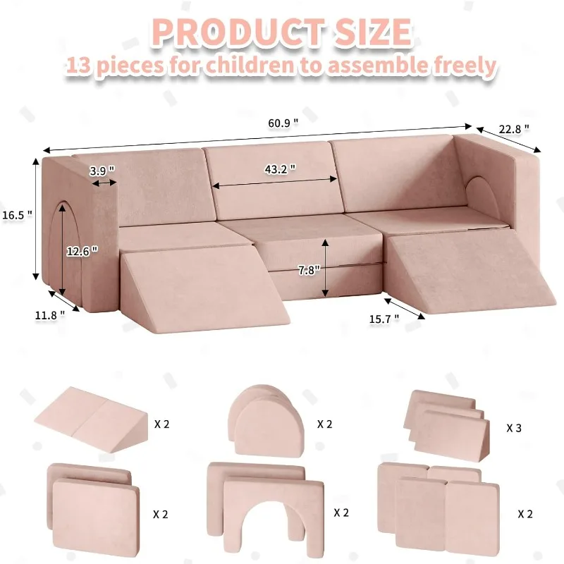 13PCS Modular Kids Play Couch 13 in 1 Toddler Couch for Playing, Creativing, Sleeping Indoor Kids Sofa for Boys and Girls (Pink) 2