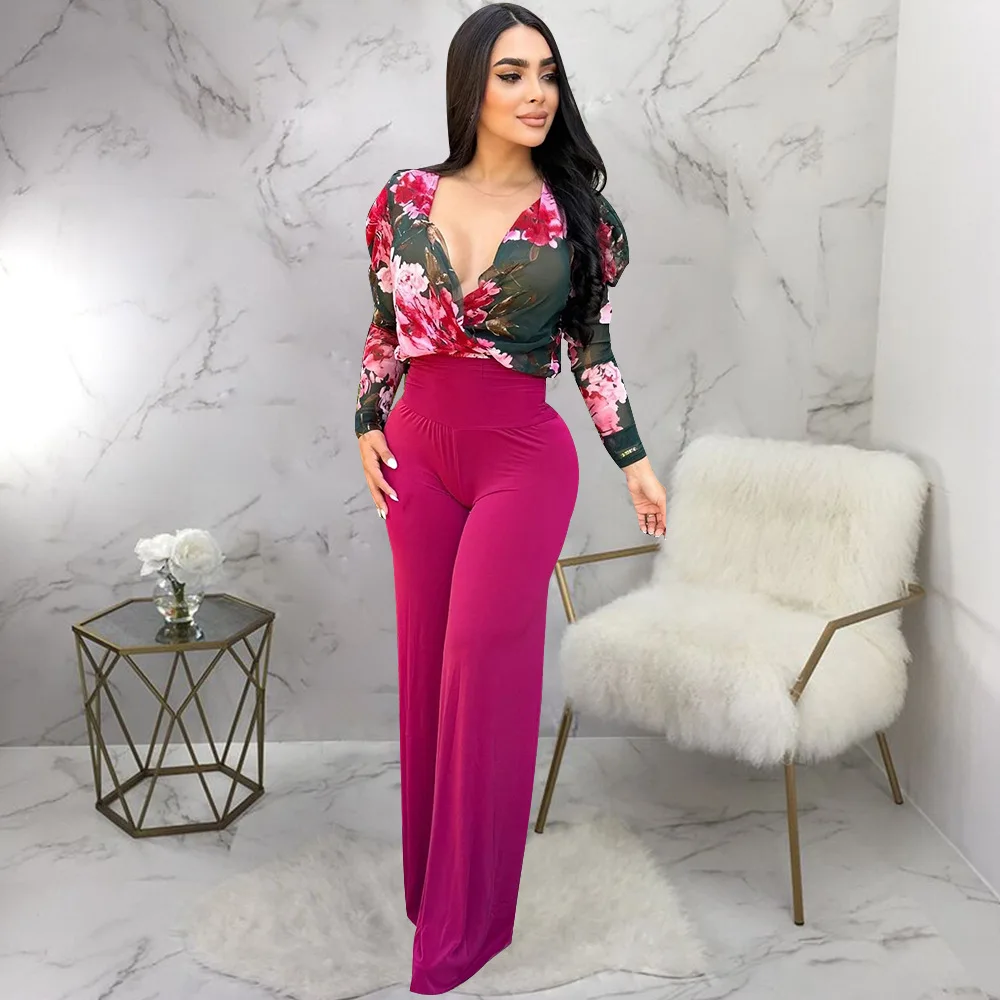 

Autumn Elegant Fashion Long Sleeve Printed Party Bodycon Rompers 2023 Women Sexy Deep V-neck Evening Wide Leg Straight Jumpsuit