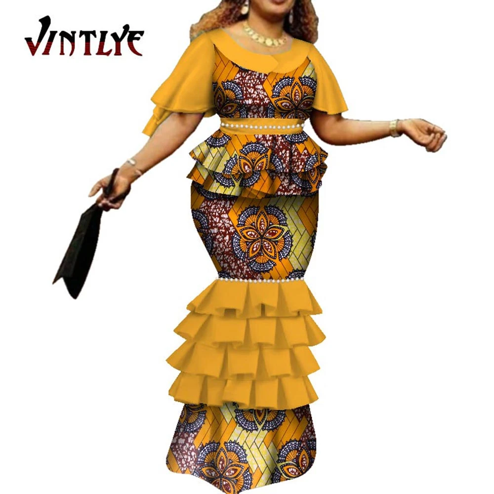 Robe africaine longue en Bazin pour femmes, tenue traditionnelle africaine  en cire, imprimé, style sirène, manches uniques, WY7115 | AliExpress
