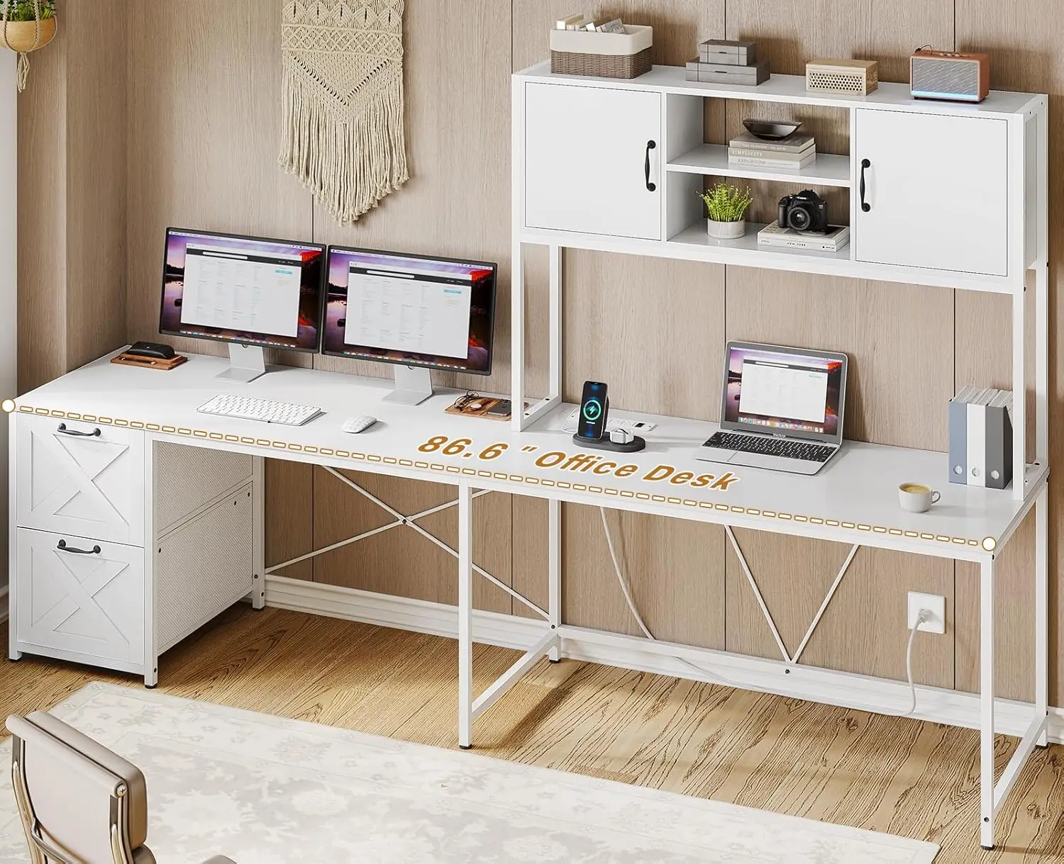 White L Shaped Office Desk, Farmhouse Home Office Desk with Fabric File Drawers and Power Outlet, Corner Gaming Desk with LED 3