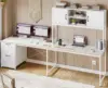 White L Shaped Office Desk, Farmhouse Home Office Desk with Fabric File Drawers and Power Outlet, Corner Gaming Desk with LED 3
