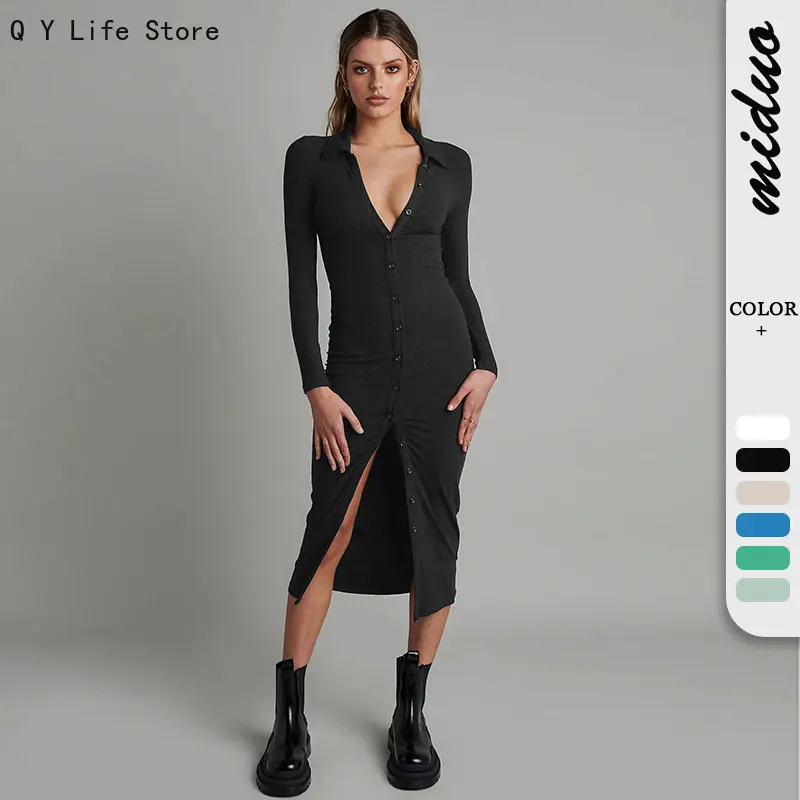 

Long Woman Cardigan Knitted Dress New Sexy Wrap Hip Skirt Collar Cardigan Dress Slim Rib Elegant Casual SweaterDresses