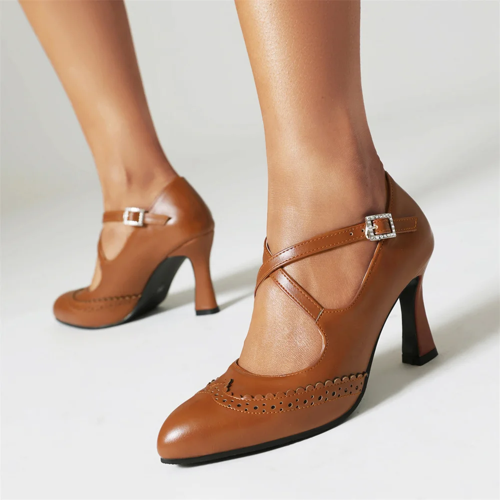 Big Size 43 New Ladies Mary Janes Brogue Pumps Fashion Buckle Solid Thick High Heels women's Pumps Party Office Sexy Woman Shoes