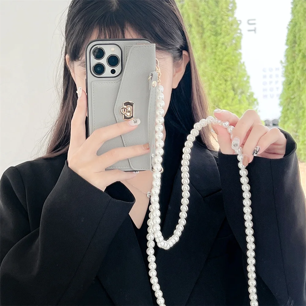 Luxury Crossbody Lanyard Necklace Pearl Chain Phone Case For iPhone 14 11  12 13 Pro Max Plus Card Holder Wallet Leather Cover