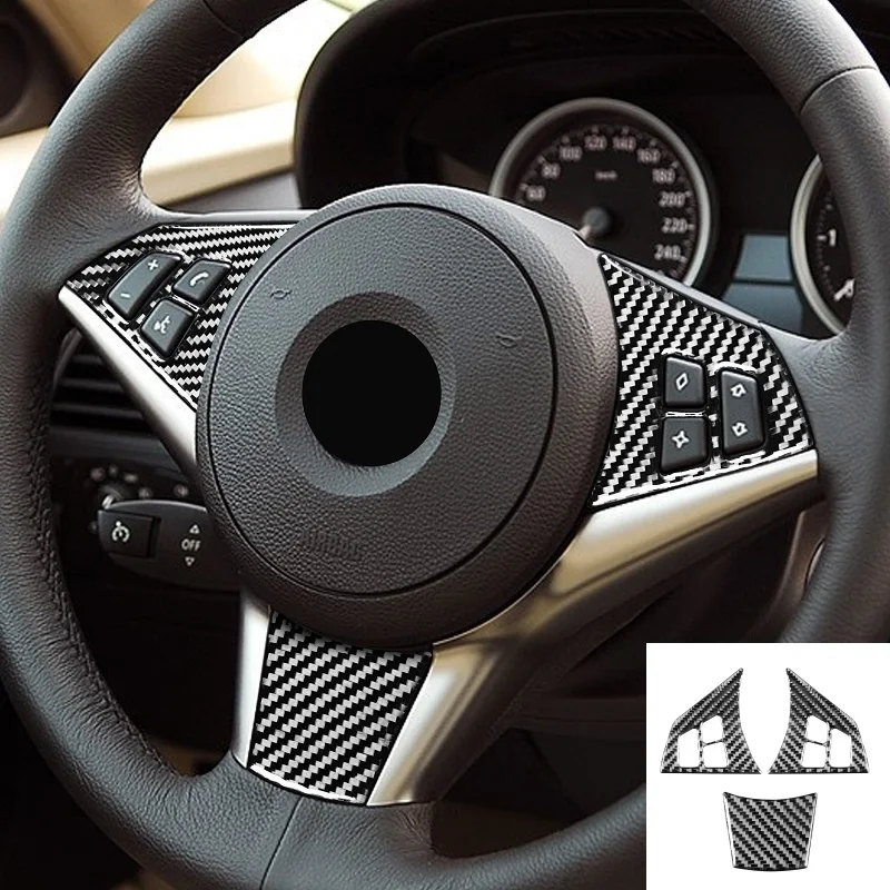 

3pcs Carbon Fiber Stickers Steering Wheel Button Switch Frame Interiors Car Accessories Fit For BMW 6 Series E63 E64 2004-2010