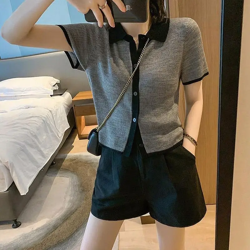 

Summer suit female fashion Korean version waist thin shirt Polo collar top high waist suit shorts two-piece