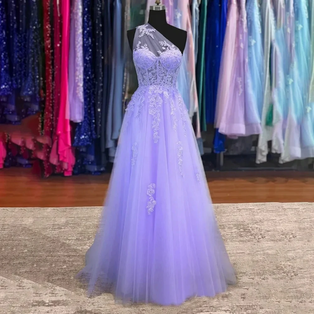 

Purple One Shoulder Chic Woman Evening Dress Gown Appliques Lace Ball Gown Night Dresses Gown Custom Size robes de soiree