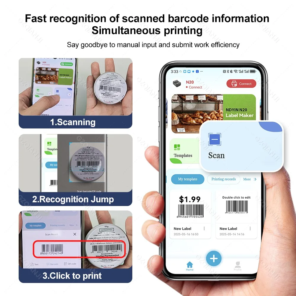 2-inch Portable Thermal Label Printer Bluetooth Barcode Sticker Printer Adhesive Label Maker or Color Cable Transparent Paper