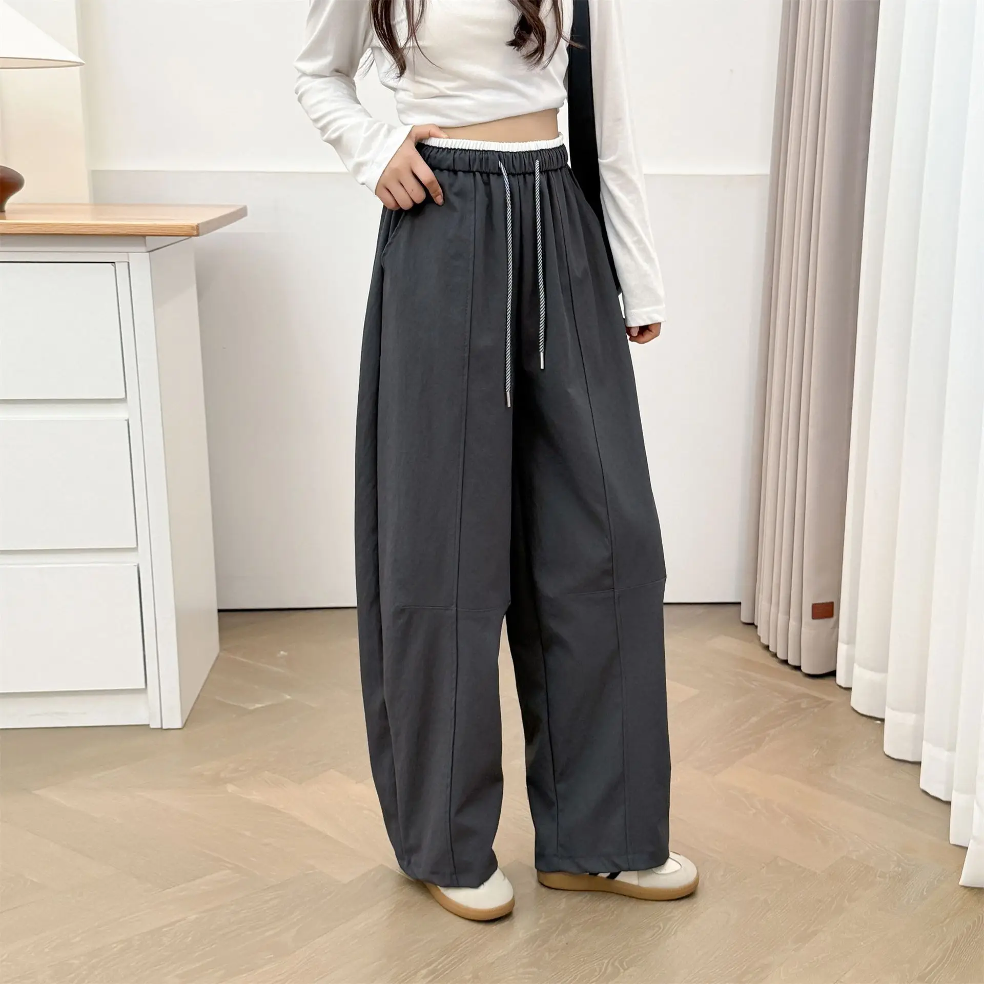 Fashion Plus Size Women's Pants Autumn Of 2025 Drawstring Waist Casual Splice Wide Leg Trousers 2218