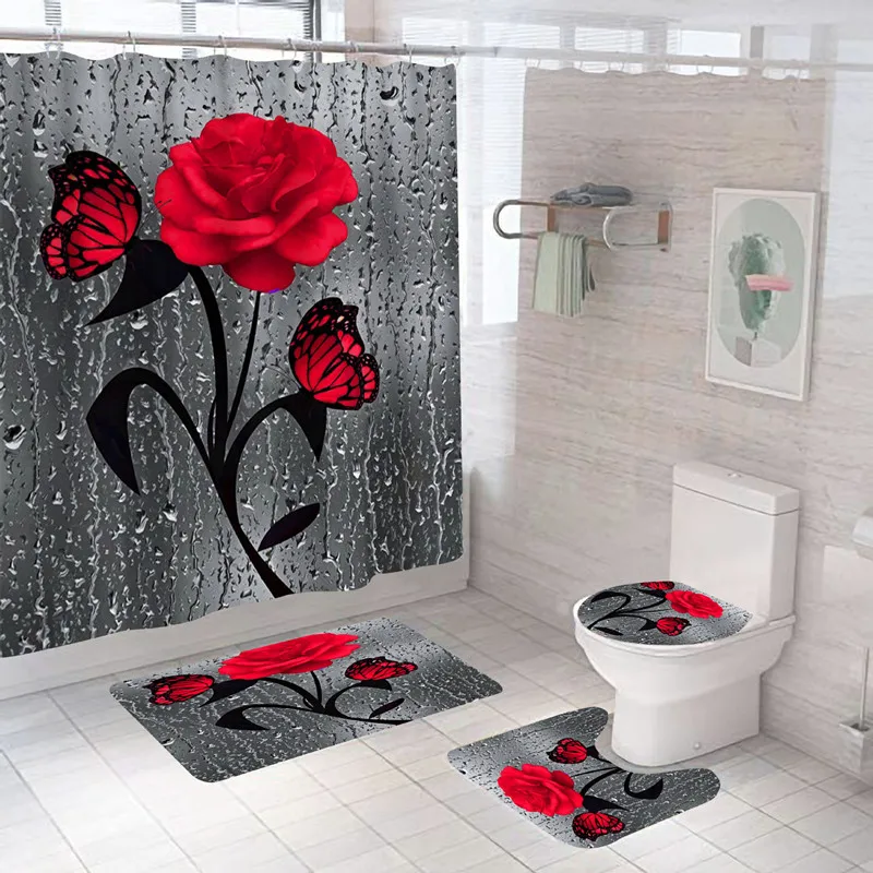 Floral 3D Print Shower Curtain Modern Bath Waterproof Anti-slip Mat Set Bathroom Toilet Rugs Carpet For |