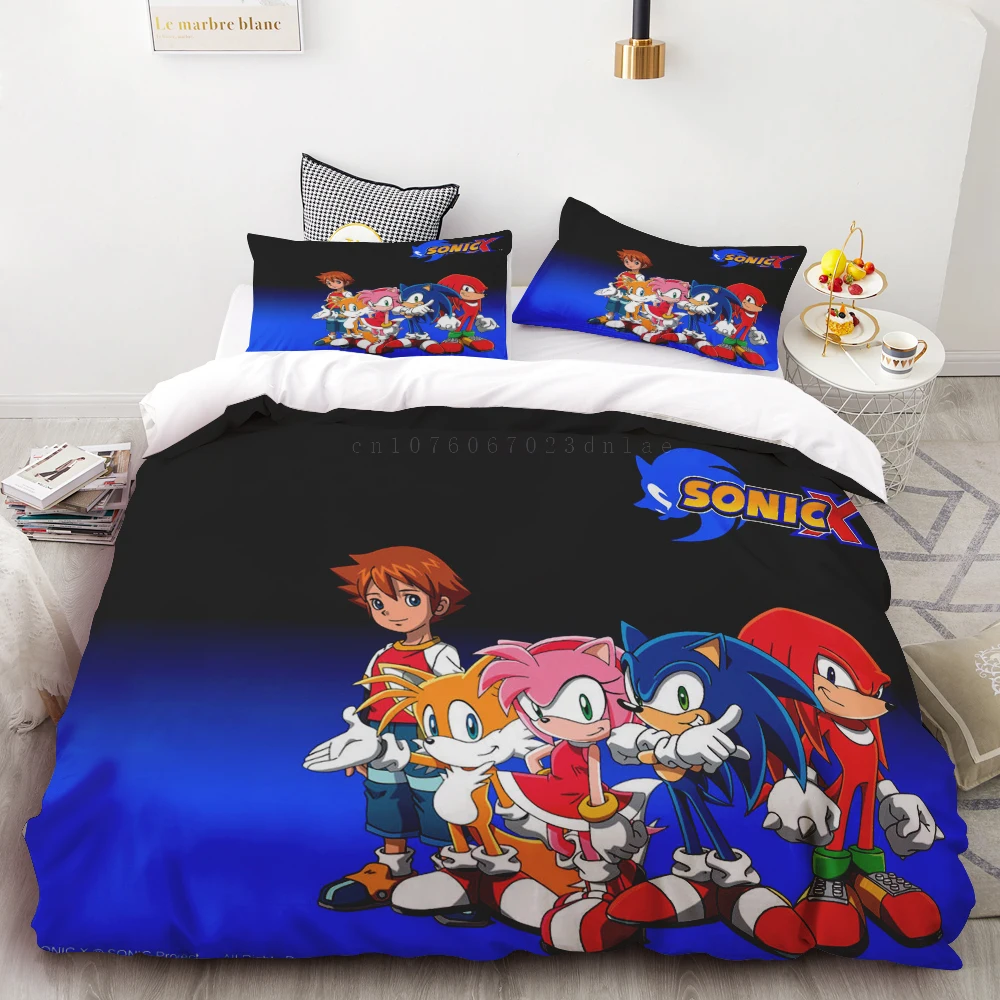 Juego de edredón de 3 piezas con estampado digital 3D de Sonic Boy, suave, 100 % poliéster, tamaño king, para decoración del hogar, regalo para adolescentes y niños