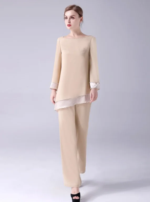 

Champagne Three Pieces Mother of The Dresses with Pant Suit Long Sleeve Warp Mother Wedding Pant Set vestido
