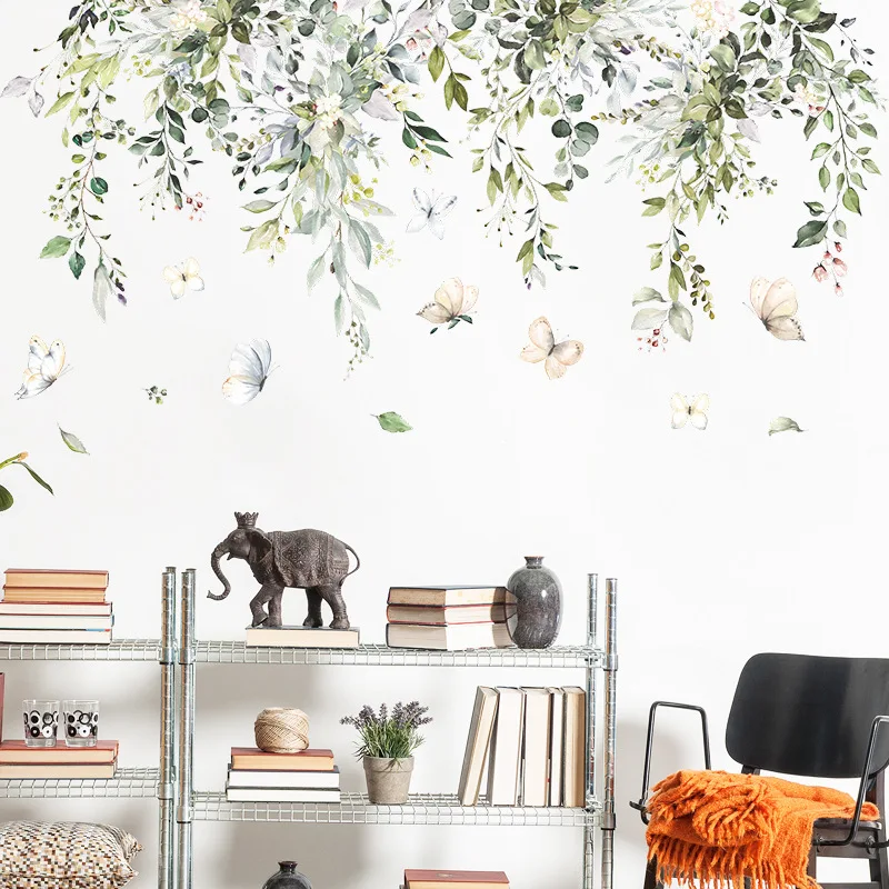 Tropical Green Leaf Butterfly Wall Decoration Bedroom Living Room Entrance Self Adhesive Wall Stickers