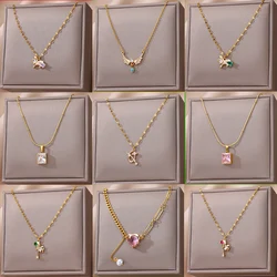 Gold Color Stainless Steel Necklace For Women Square Zircon Pendant Chain Collier Jewelry Wholesale Gift New Collares Para Mujer