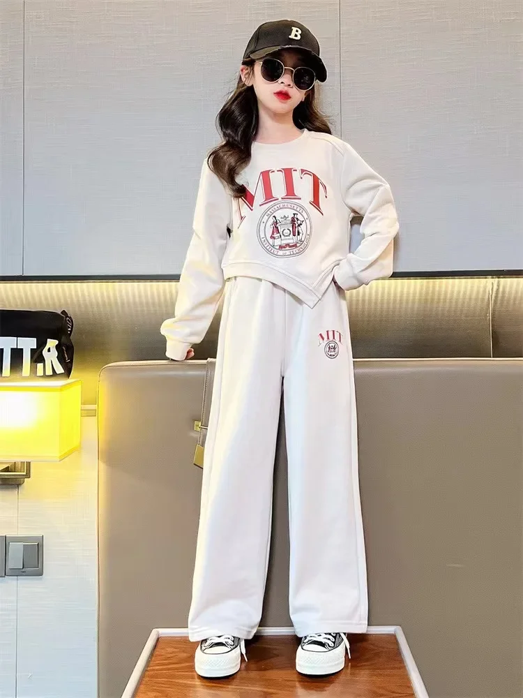 

2024 spring kids Girls Clothes Suit Child irregular letters sweatshirt + wide leg sweatpant pant Tracksuit 7 8 9 10 11 12 year