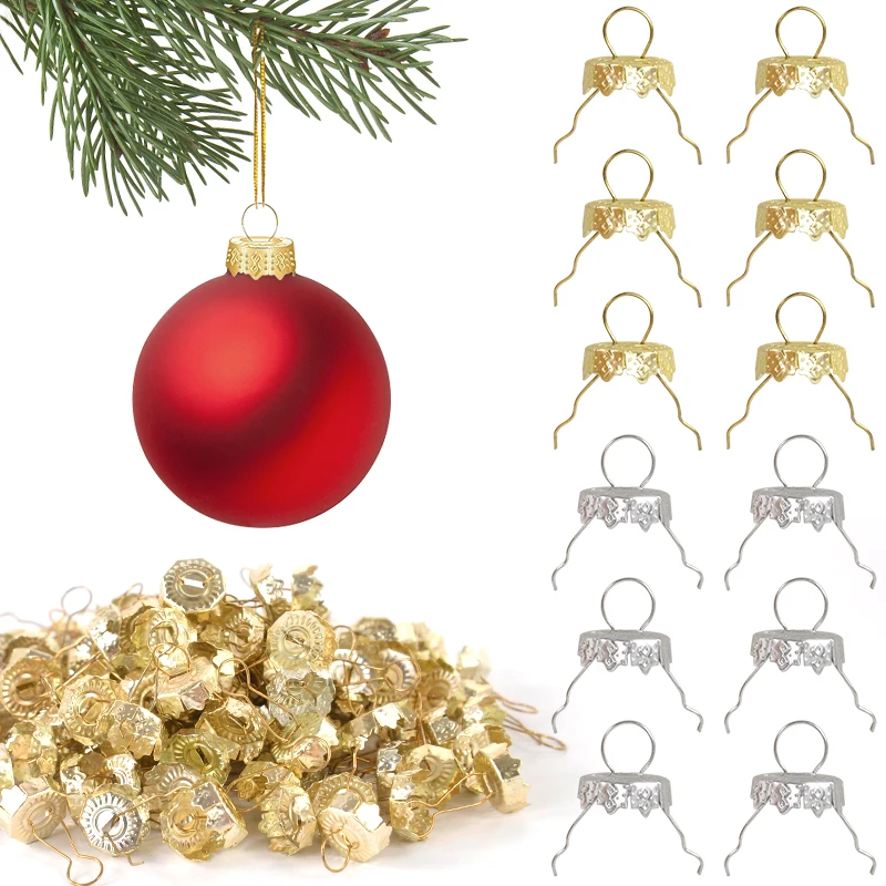 50 100pcs Round Christmas Ball Ornament Caps Gold Silver Hangers For Home New Year