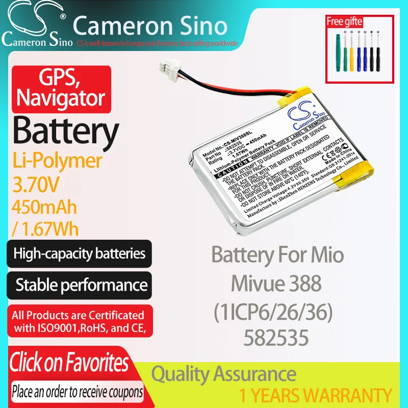 Batteria Cameronsino Per Mio Mivue 388 Per Mio (1Icp6/26/36) 582535 Gps, Batteria Navigatore 450Mah/1.67Wh 3.70V Li-Polimero Bianco