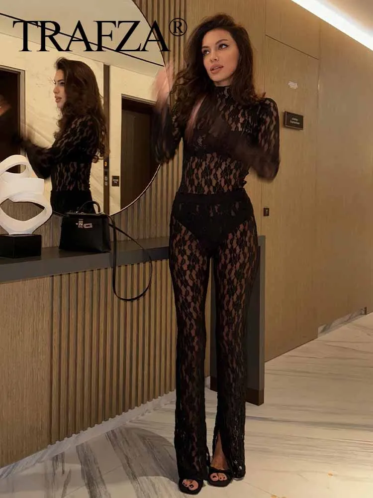 TRAFZA 2pcs Lace Pants Sets For Women Fashion Trend Hollow Out Slim Jumpsuits + Flare Pants Versatile Women's Long Leggings 4