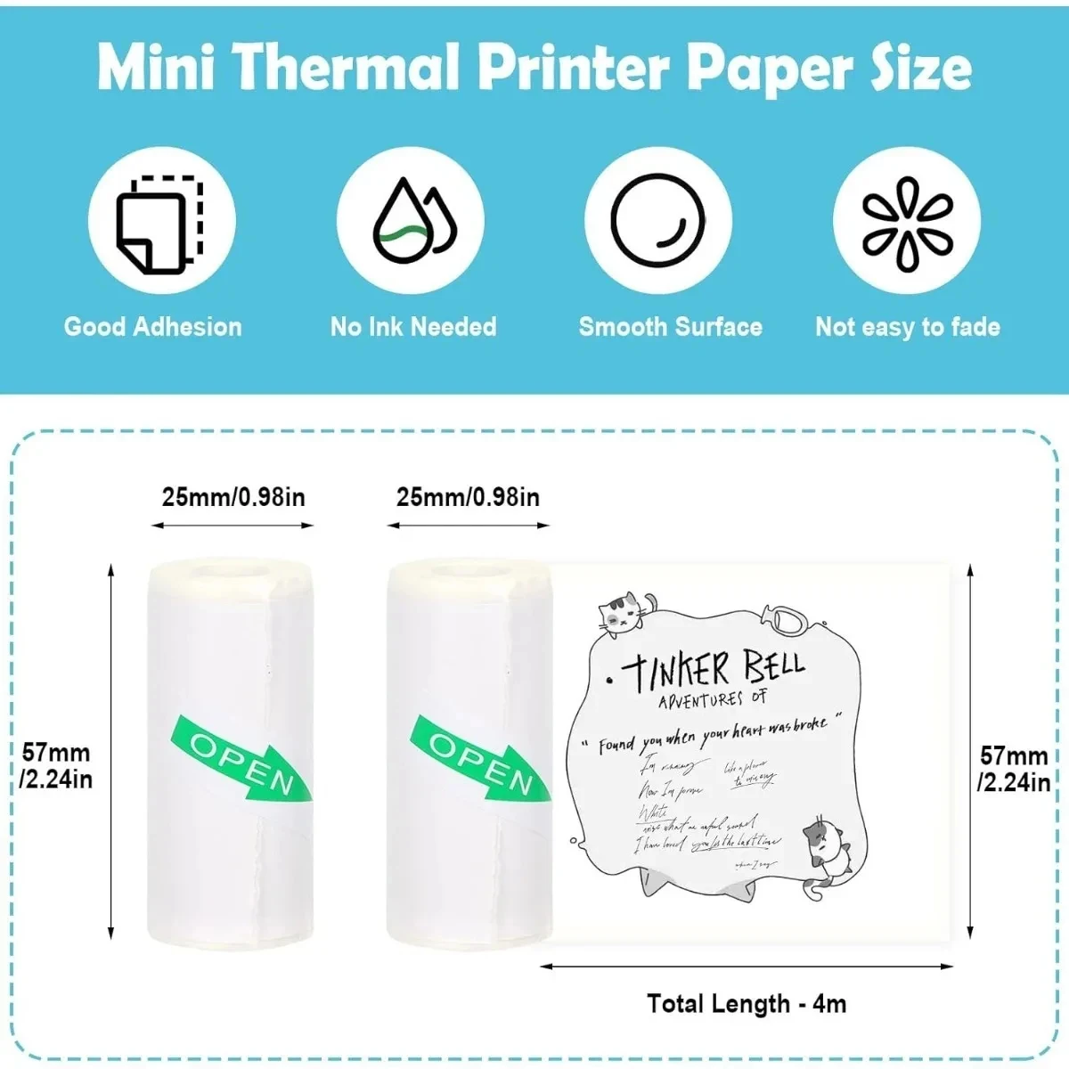 Printer Sticker Paper Mini Printer Sticker Paper Thermal Self-adhesive 57*25mm White & Colour Paper For Pocket Inkless Portable Bluetooth Printer