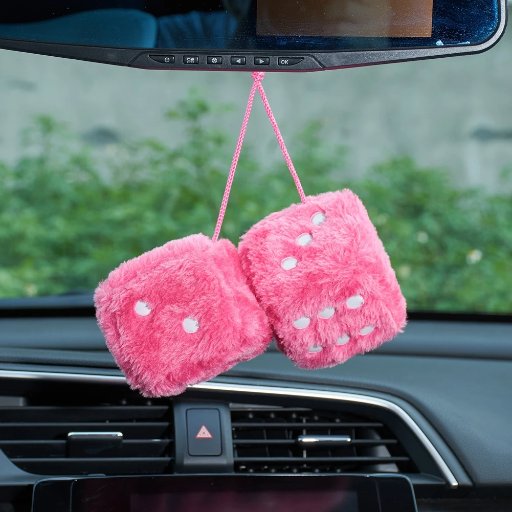 Dés en peluche flous avec points, décoration d'ornement d'intérieur de  voiture rose, carré rétro, miroir frontal - AliExpress