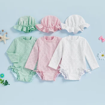 Costume da bagno per bambina con occhielli e cappello da nuoto per bambino, set da 2 pezzi, manica lunga, girocollo, pagliaccetto con volant, costume da bagno per bambini 1