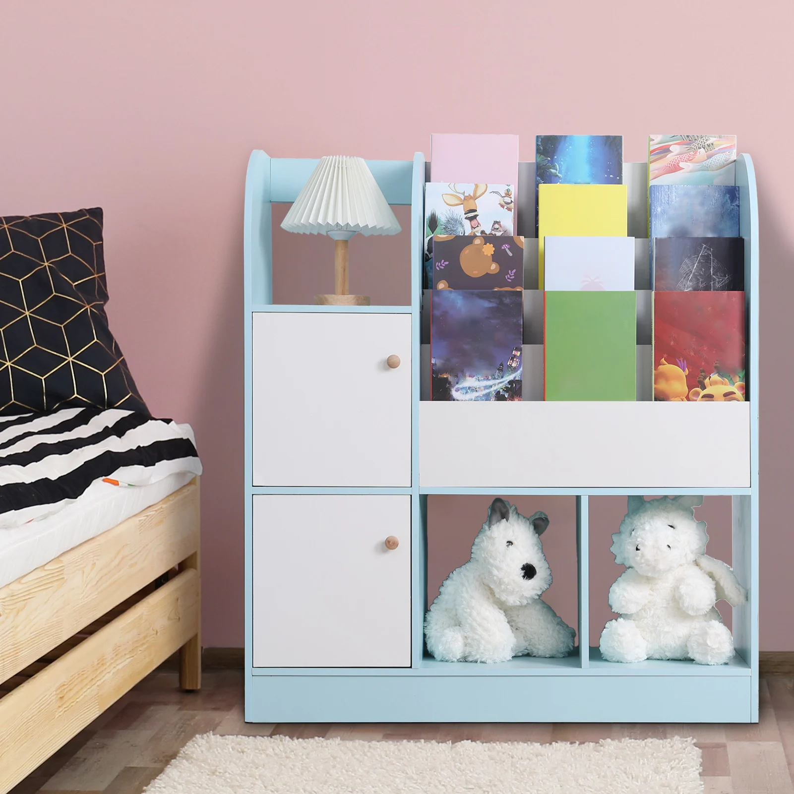 Children's Bookshelf Cartoon Books Rack Floor Simple Child Book Shelf Home Bookcases Furniture Bookshelf Rack 4-Tiers Book Slots 3