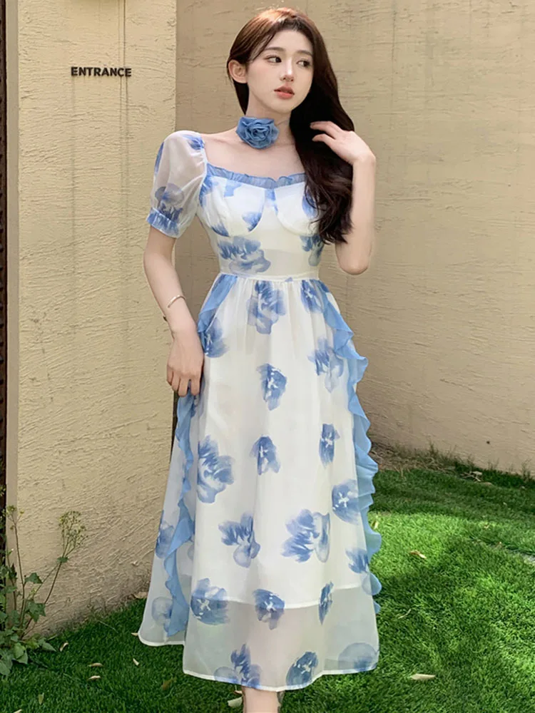 

Женское шифоновое платье-миди с коротким рукавом и оборками