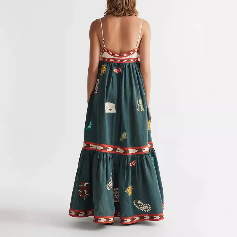 Suumer Women Long Printed Spaghetti Strap Dress Retro Sleeveless A-line Long Dress Elegant female holidays beach Party dresses