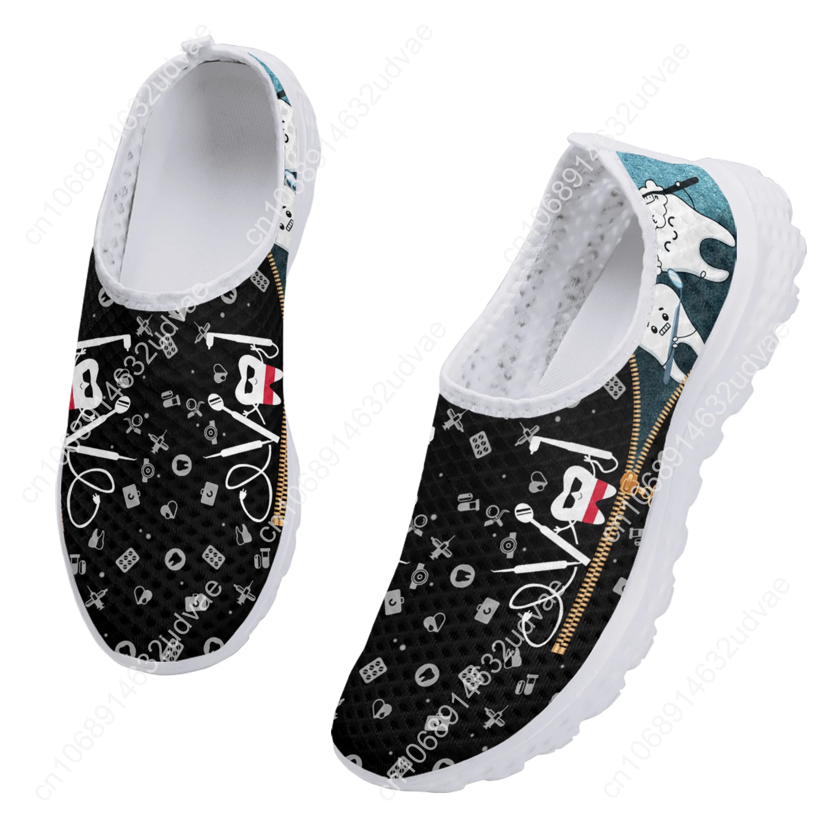 Black Funny Cartoon Teeth Print Ladies Summer Mesh Shoes Comfortable Lightweight Slip On Footwear Mesh Sneakers
