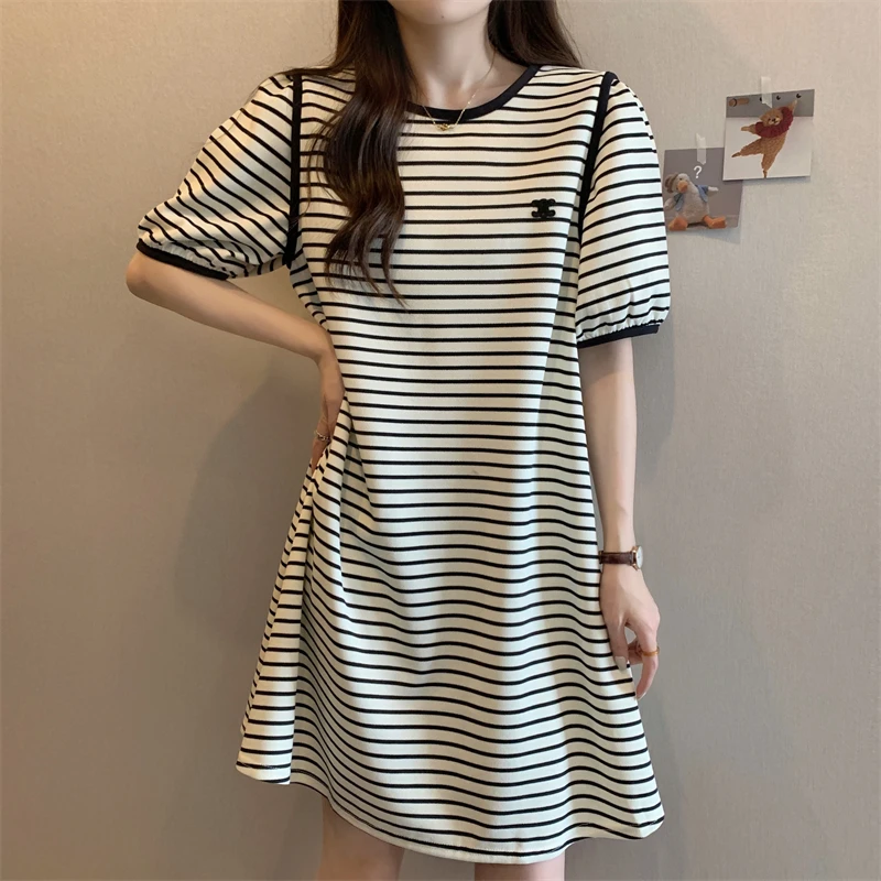 

Striped New Dresses Summer Short Sleeve Lace up Backless Big Sizes Loose Short Dresses Casual Women Fashion