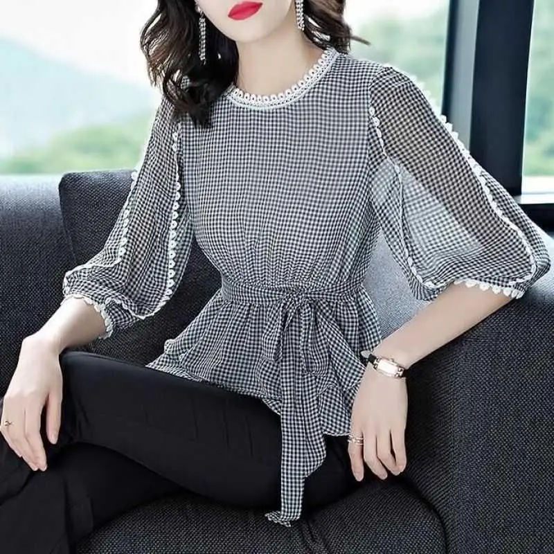Spring Summer Ruffle Plaid Lacing Shirt Tops 3/4 Sleeve O-Neck Loose All-match Plus Size Blouse Fashion Elegant Women Clothes