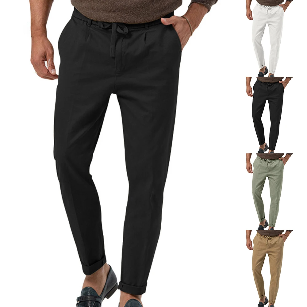 

Men Drawstring Pencil Pants Simple Pocket Trousers Breathable Streetwear Casual Business Outdoor Sport Pants Soft Daily Trousers
