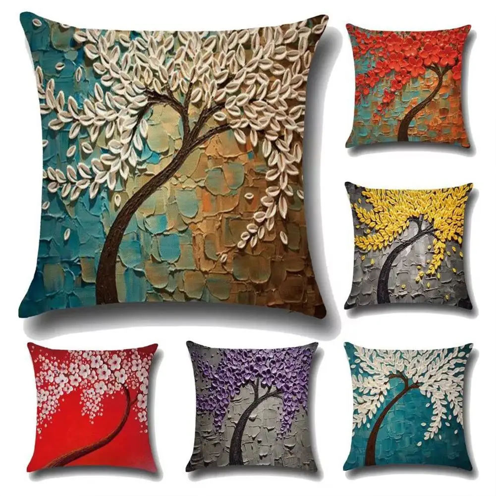 

【 Ready Stock】 Pillow Protectors Cases Peach Skin Velvet Oil Painting Tree Flower Sofa Pillow Cushion Cover Pillow Case 45x45cm