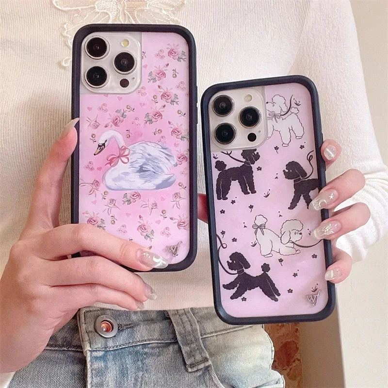 Stylish Wildflower Cartoon Swans & Cute Puppy Phone Case with Deer Cherry Design