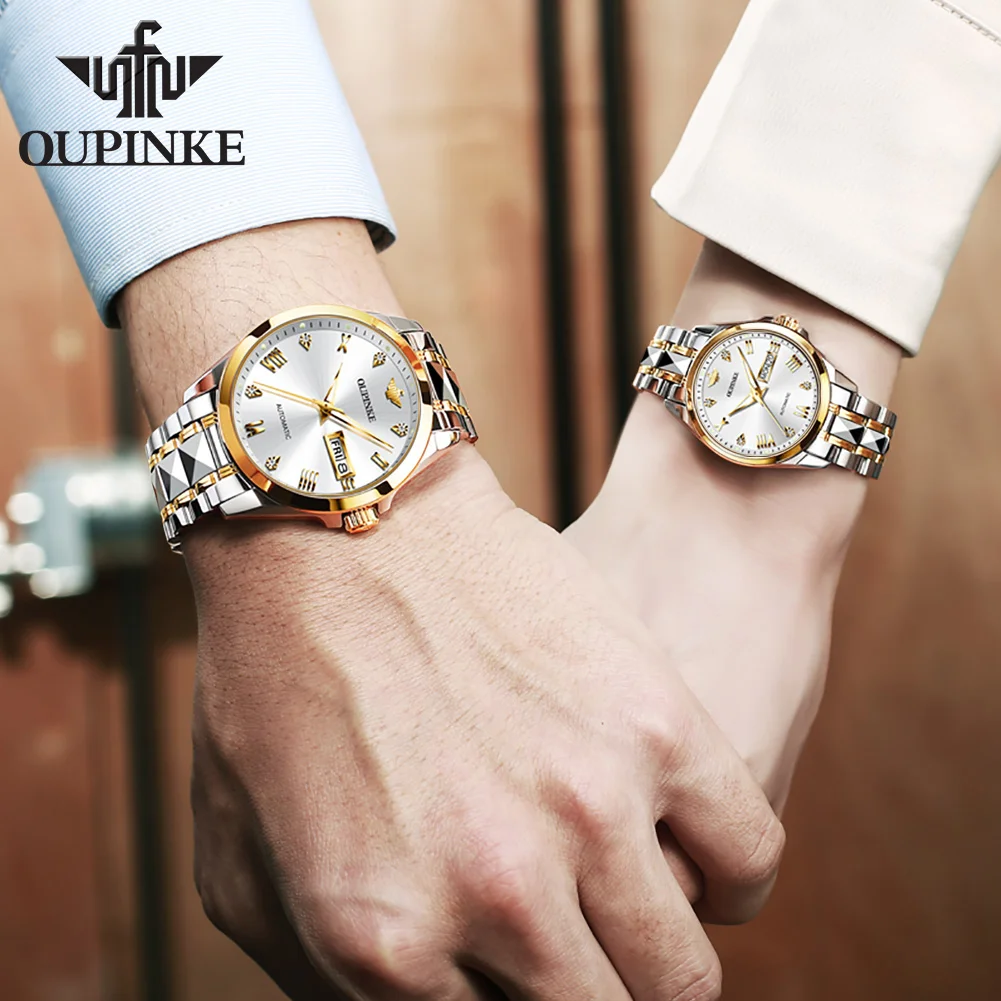 OUPINKE 3171 Mechanical Couple Watches for Men Women Japan Automatic Movement Lover Wristwatches Roman Scale Waterproof Luminous
