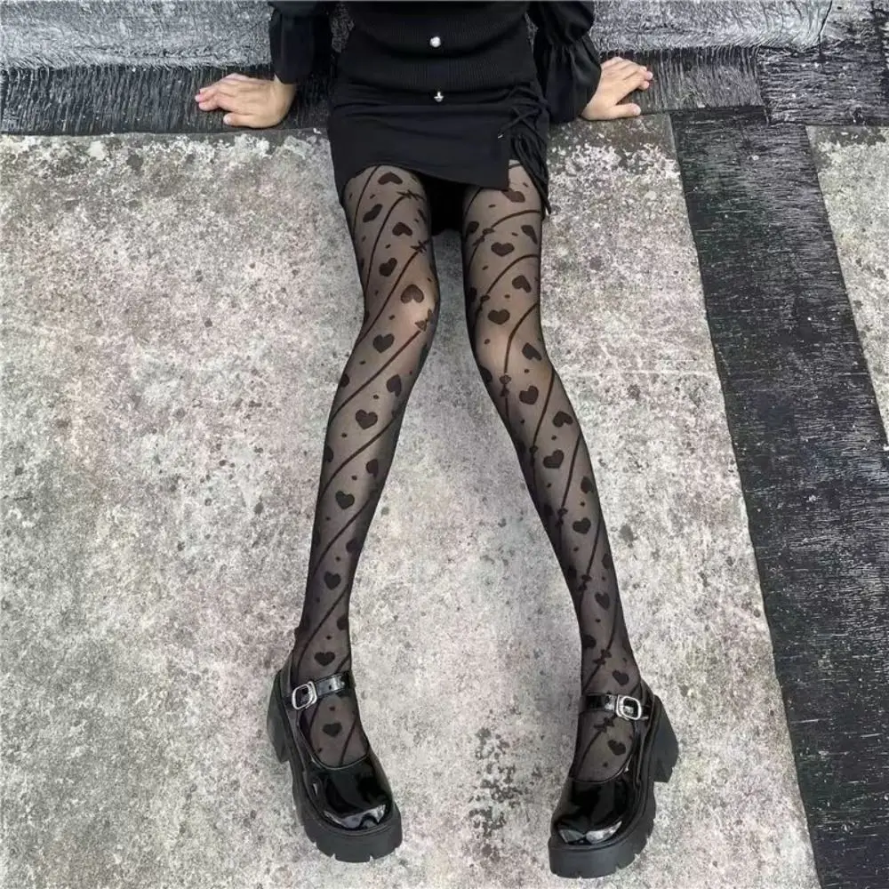 Casual Bowknot Heart Long Tights Transparent Lolita JK Stripe Dot Stockings Ultra-thin Harajuku Mesh Pantyhose Girl