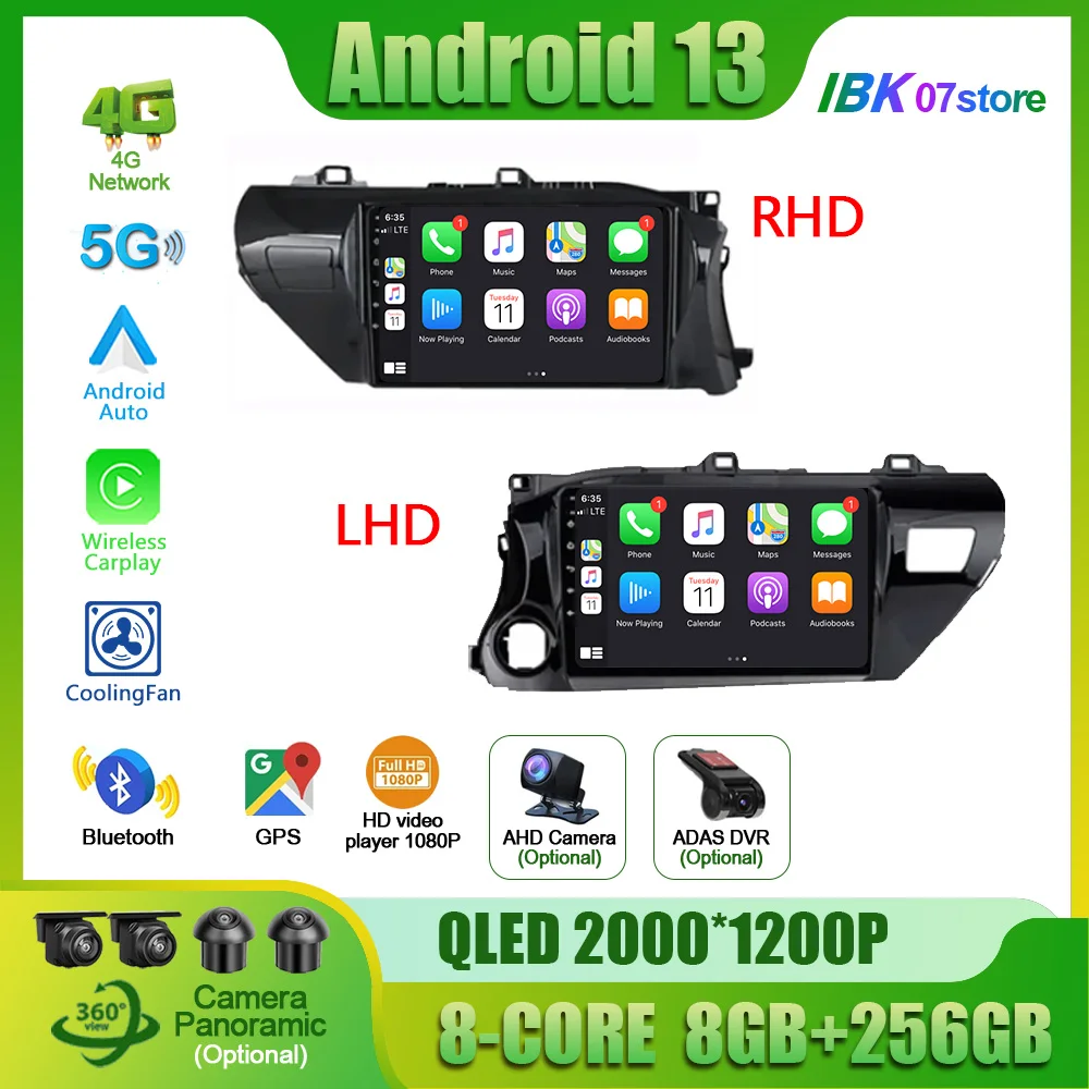 

Car Radio Multimedia Video GPS For Toyota Hilux Left Hand Drive Pick Up AN120 2015 - 2020 Android 13 Navigation 2 Din Screen