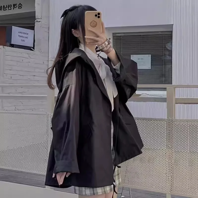 여성용 블랙 짧은 후드 트렌치 코트, 캐주얼 루즈 핏 슬리밍 방수 카디건, 얇은 재킷, 용수철 가을 2024 