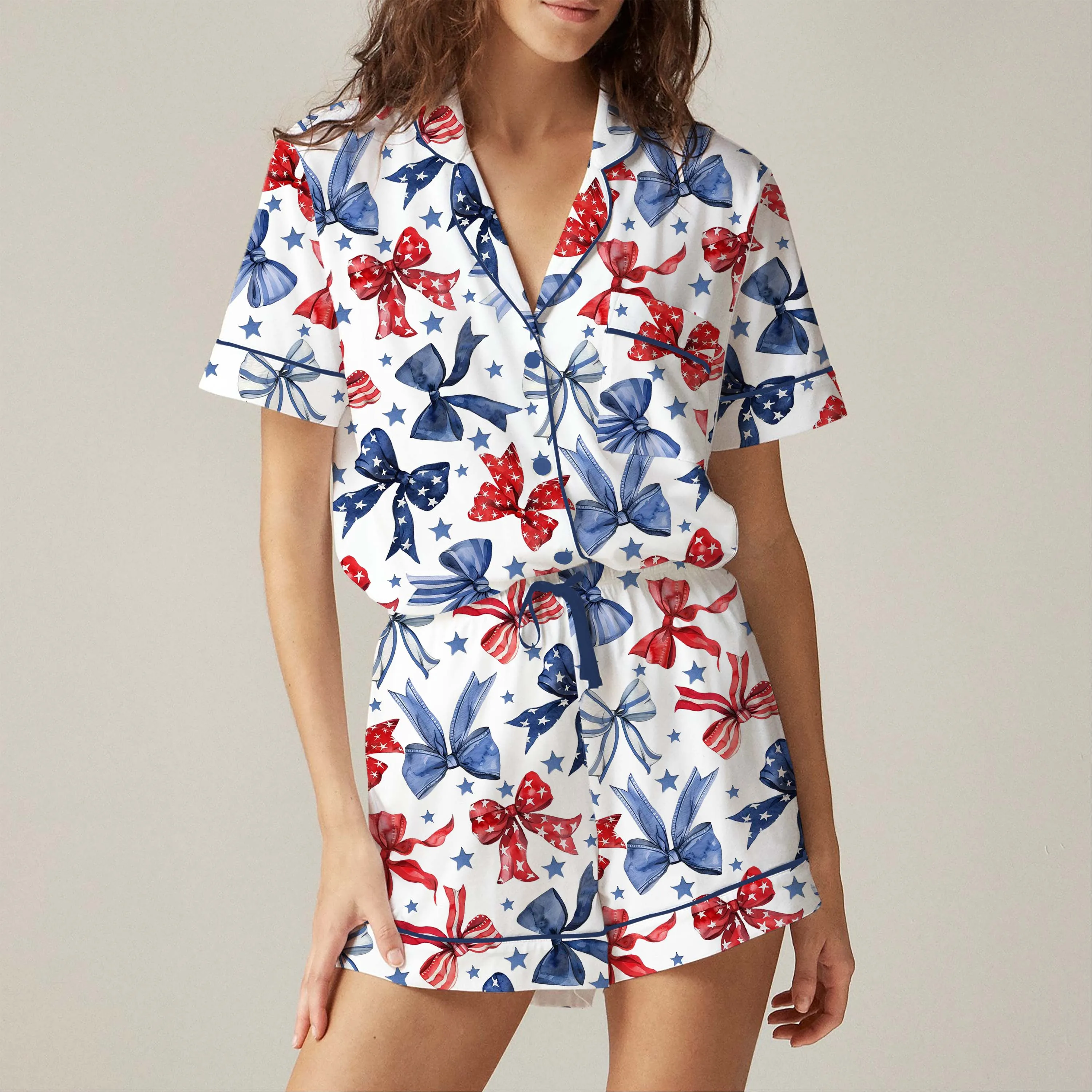 Conjunto de pijama feminino 4 de julho bandeira americana manga curta botão tops shorts de cintura elástica roupa de dormir de 2 peças 3