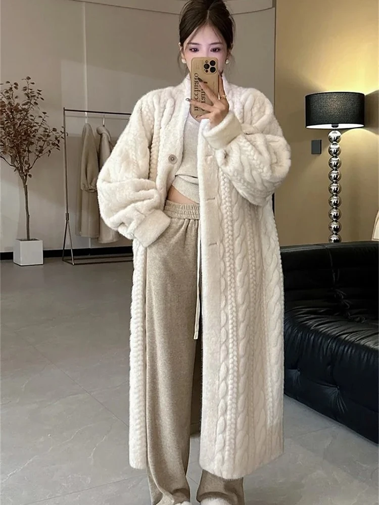여성용 인조 모피 코트, 두껍고 부드럽고 느슨한 한국 패션, 푹신한 롱 가디건, 여성 2023 겨울 싱글 브레스트 코트